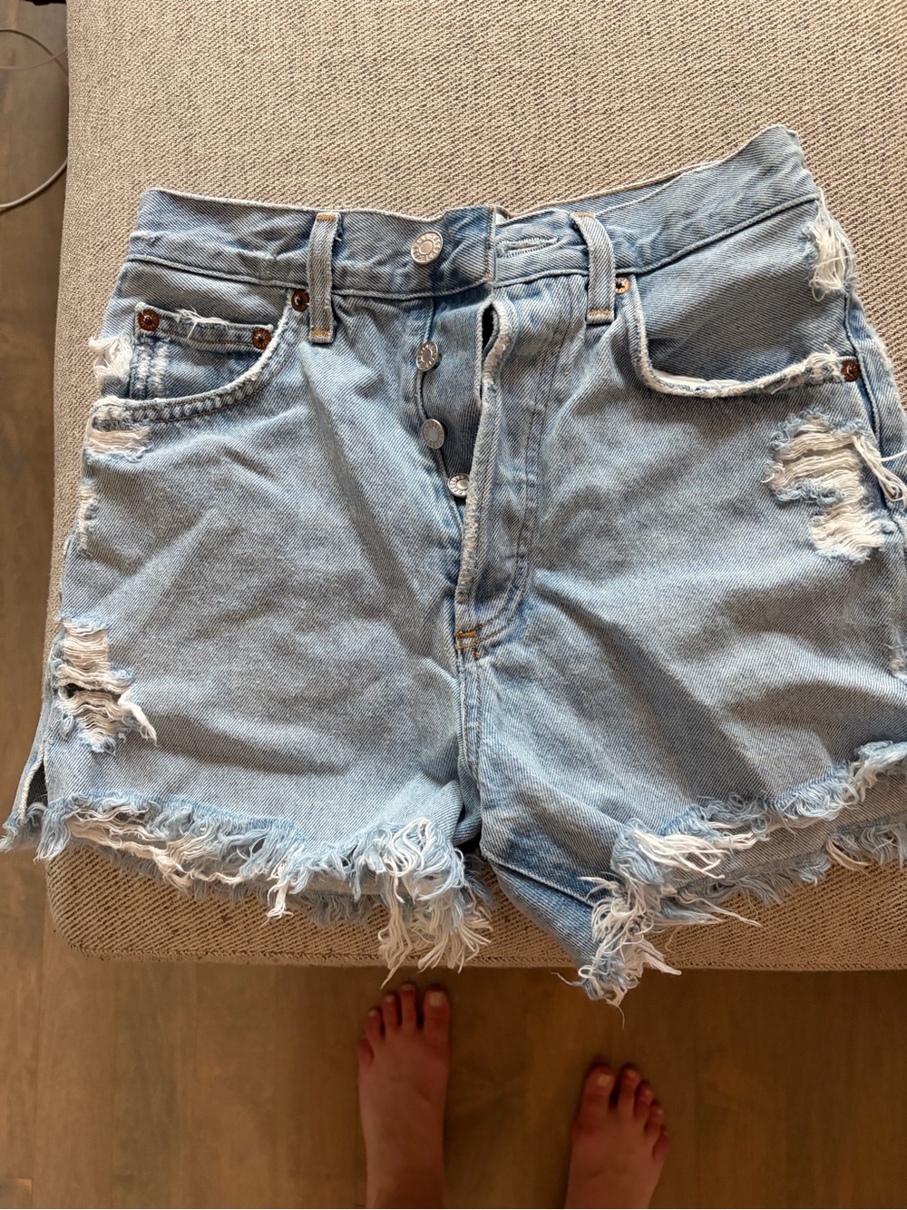 Agolde Light Blue Distressed High-Rise Dee Denim Shorts